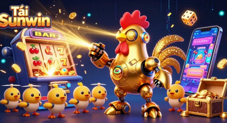 Tải Sunwin offers an exciting view with golden rooster robot and jackpot elements in a colorful casino scene.