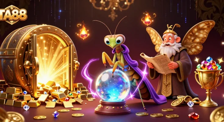 TA88 showcases vibrant 3D casino elements with fortune teller, gems, and treasures.