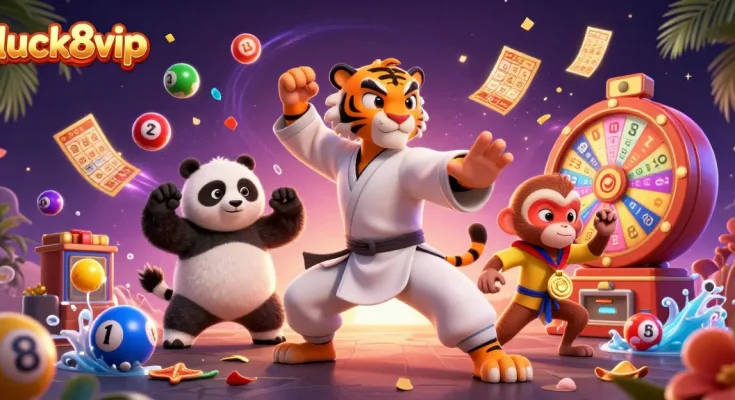 Engage with luck8vip’s exciting lottery adventure featuring animated characters and vibrant game elements.