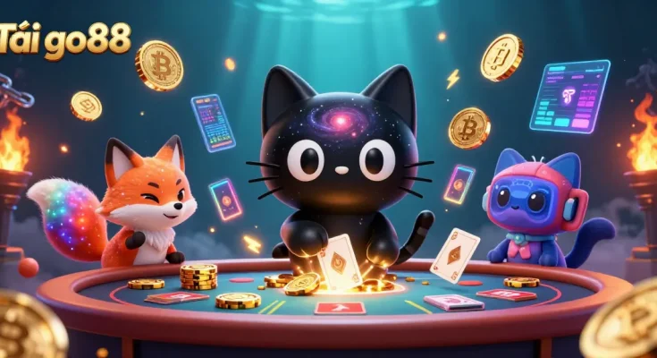 Engage in dynamic fun at Tải go88, witnessing a cosmic cat pulling in golden chips amidst vibrant casino elements.