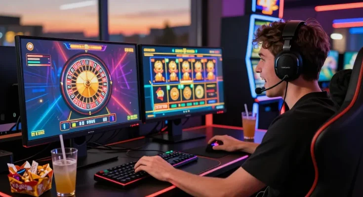Engaged player enjoying oppa86 online slots with vibrant graphics.