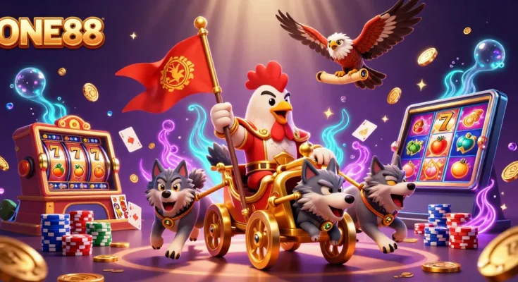 Immerse in an epic ONE88 casino adventure with a rooster warlord and dazzling gold treasures.