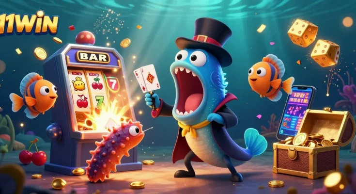 Engaging scene of 11WIN featuring a comedic deep-sea magic act with winning symbols and vibrant casino elements.