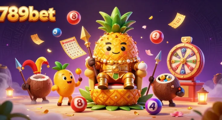 Experience 789bet with a vibrant 3D casino illustration showcasing a golden pineapple king and lively game elements.
