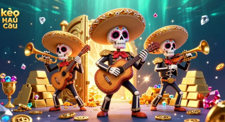 Engage in thrilling action with kèo nhà cái as lively mariachi skeletons celebrate under sparkling waves.