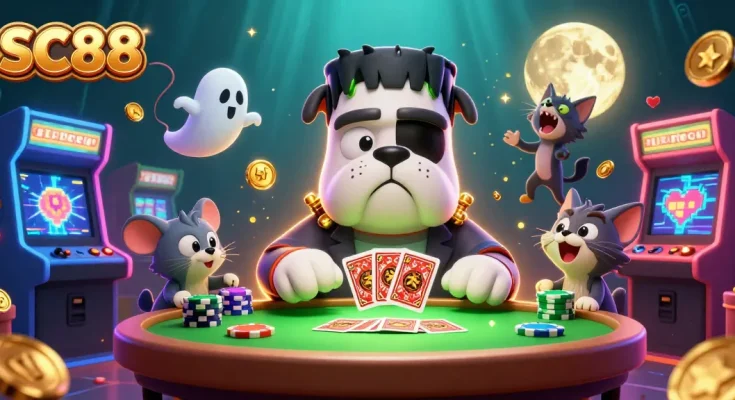 SC88 showcases a vibrant casino scene with cartoon characters in action, capturing the thrill of gambling.