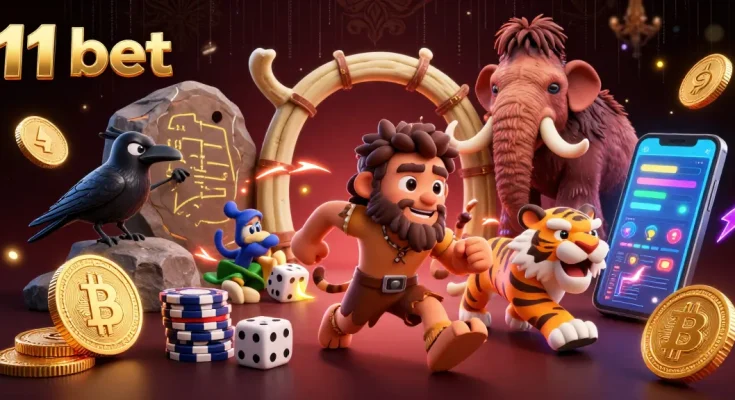 Join the fun at 11 bet with a prehistoric casino scene featuring unique characters and crypto elements.