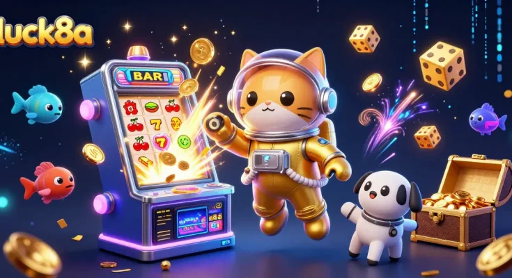 Experience the excitement of luck8a with a vivid slot machine explosion and animated cosmic characters.