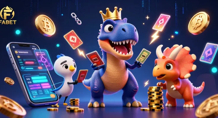 FABET's lively casino scene features a T-Rex shuffling cards, showcasing vibrant crypto elements.