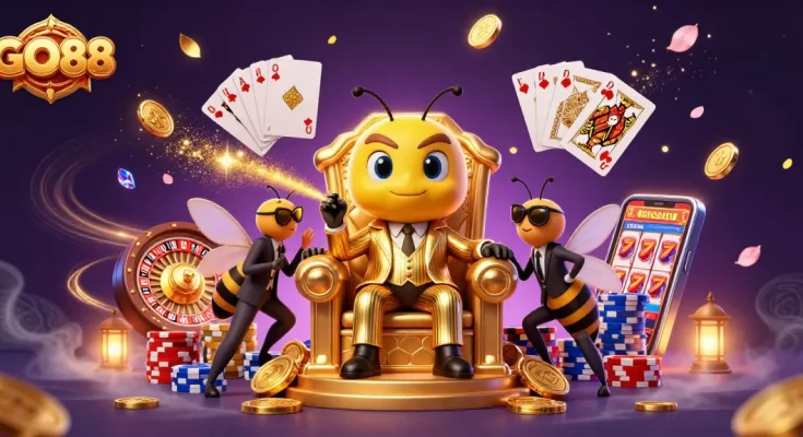 Engage with GO88 casino thrills featuring a bumblebee mob boss, roulette wheel, and vibrant game elements.