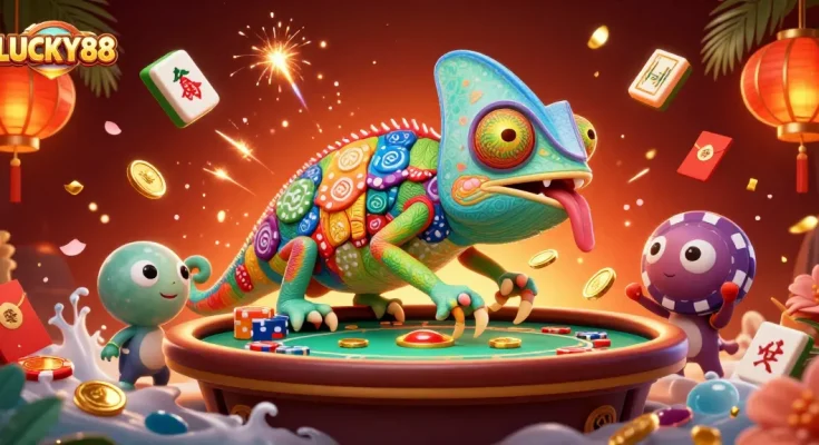LUCKY88 chameleon casino owner snatches golden coins in dynamic, festive casino scene