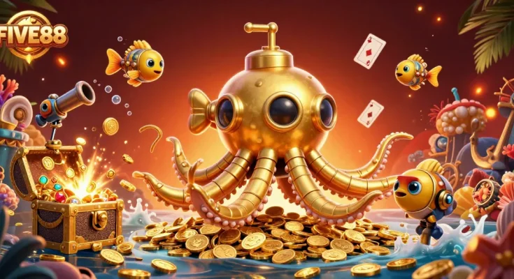 Experience the excitement of FIVE88 with vibrant casino elements exploding in a sea of winning treasures.