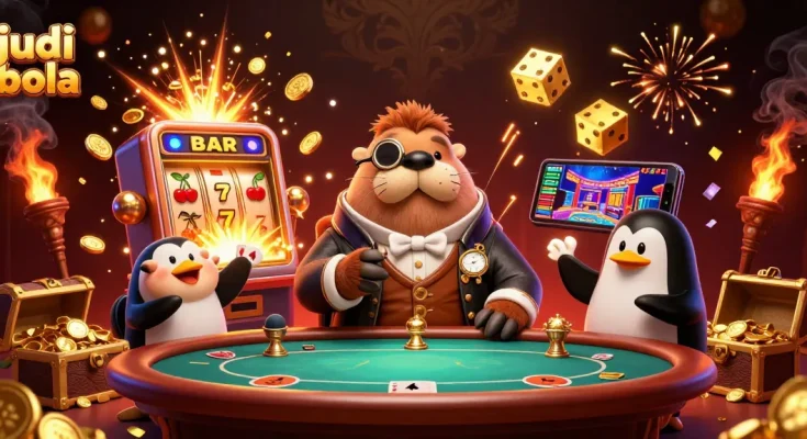 Experience thrilling judi bola action with a jolly walrus in a luxurious 3D casino scene full of excitement.