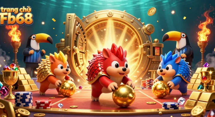 Experience the excitement of trang chủ Fb68 with rival pangolins bowling through poker chips in a vibrant casino scene.
