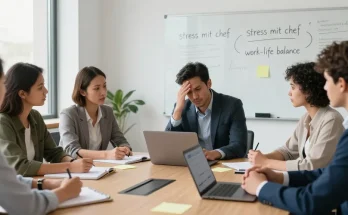 Diskussion über Stress mit Chef in einem modernen Büro, Mitarbeiter bieten Unterstützung und Strategien an.