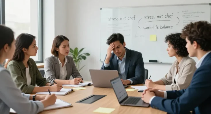 Diskussion über Stress mit Chef in einem modernen Büro, Mitarbeiter bieten Unterstützung und Strategien an.