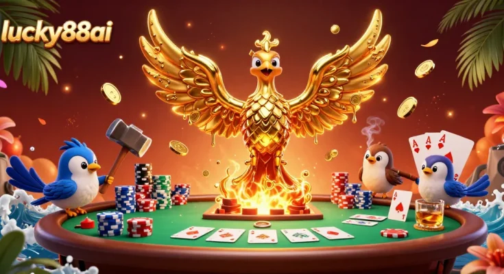 Experience exciting gameplay with lucky88ai in a vibrant 3D casino scene featuring golden phoenix and poker elements.