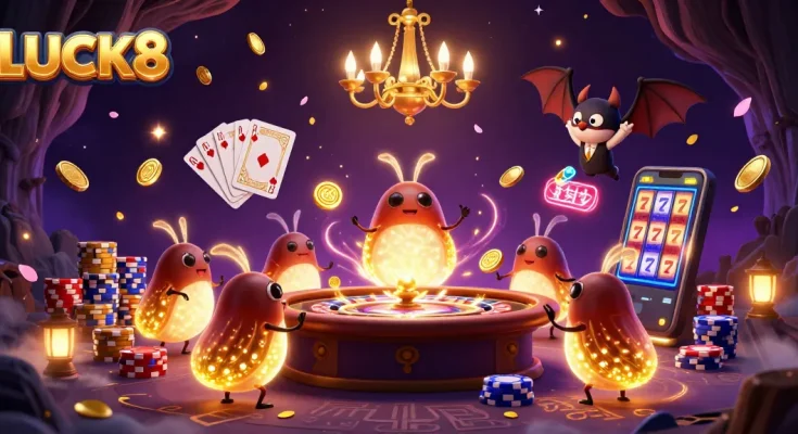 LUCK8 illuminates a vibrant casino scene with glowing glowworms, coins, and classic gaming elements.