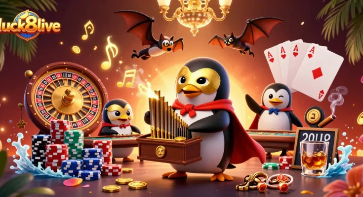 Experience thrilling gambling action with luck8live as a cartoon penguin plays an organ, surrounded by casino elements.