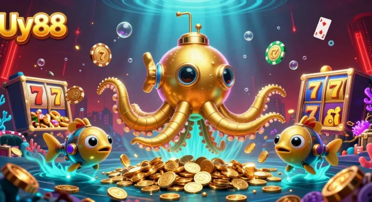 Experience the thrill of Uy88 with an engaging scene of a golden kraken submarine navigating treasures and casino elements.