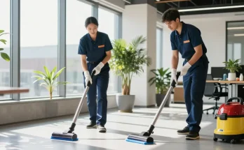 Professionelle Gebäudereinigung Düsseldorf mit einem Team, das moderne Büros umweltfreundlich reinigt.