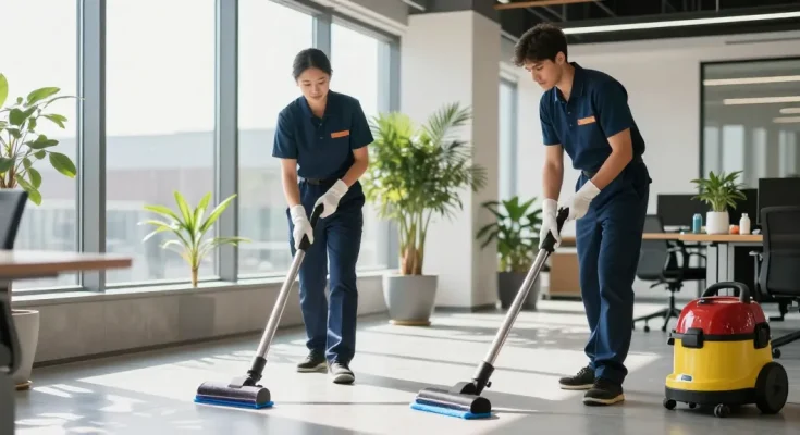 Professionelle Gebäudereinigung Düsseldorf mit einem Team, das moderne Büros umweltfreundlich reinigt.