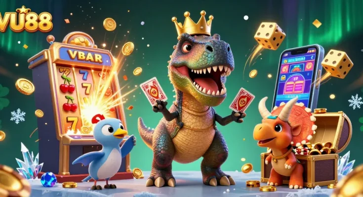 Experience the excitement of VU88 with friendly dinosaur characters, dynamic casino elements exploding with joy.