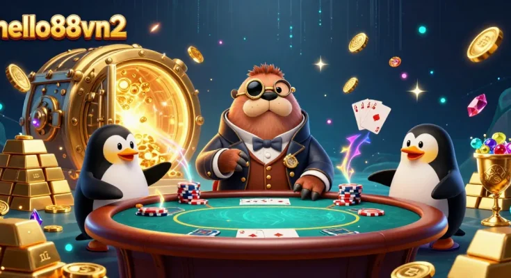 Experience thrilling poker action with hello88vn2’s casino illustration of a blustering walrus and friends.
