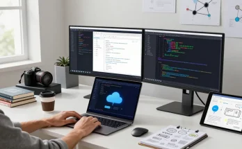 Building internal tools with AI in a modern tech workspace with monitors, coding materials, and brainstorming notes.