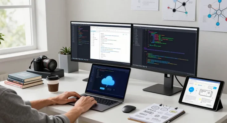 Building internal tools with AI in a modern tech workspace with monitors, coding materials, and brainstorming notes.