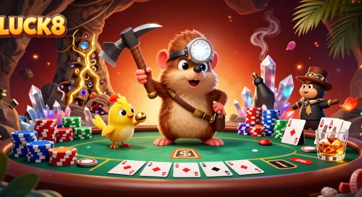 Engage with LUCK8's vibrant casino world featuring treasure hunter characters and poker game elements.