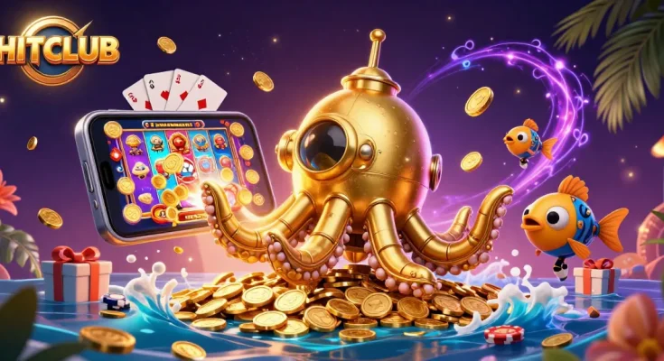Engage with HITCLUB's thrilling golden kraken submarine in a vibrant casino atmosphere.