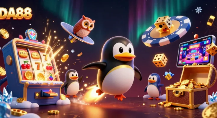 Experience thrilling gaming adventures at DA88 with a golden penguin and explosive slot actions.