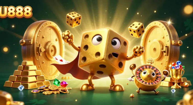 Engage with U888 as golden dice character juggles wealth and luck in an exciting casino scene.