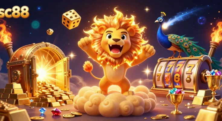 Experience sc88's thrilling casino adventure with a roaring sun lion amidst treasures and dynamic game elements.