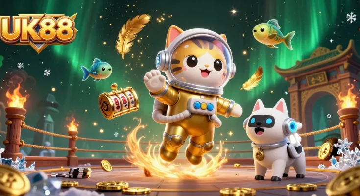 Engage with the vibrant UK88 scene featuring an astronaut cat and robot dog in a dynamic casino adventure.