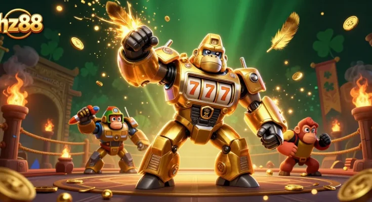 Win big with hz88 in a vibrant, ultra-detailed casino battle scene featuring a golden gorilla mech.
