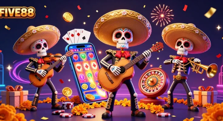 Experience the excitement of FIVE88 with a vibrant mariachi scene packed with casino games.
