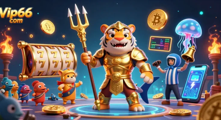 Engage in thrilling gameplay at Vip66 com showcasing a golden shark gladiator in an underwater casino.