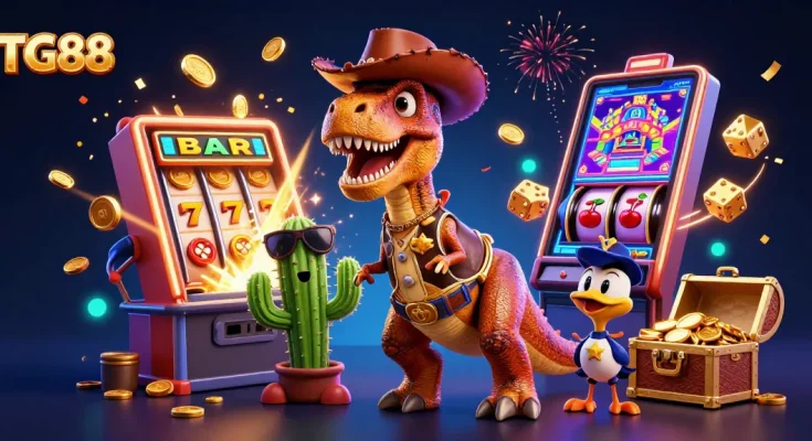 TG88 offers an exciting selection of games as a cowboy dinosaur wins big at the casino.