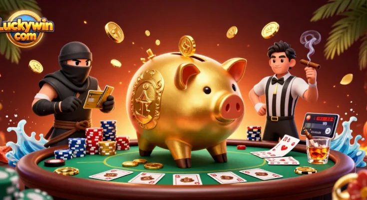 Engage in thrilling poker action with Luckywin com featuring dynamic characters and casino elements.