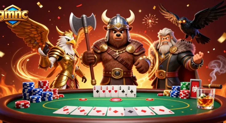 Experience thrilling poker action with GMNC as Viking warriors celebrate wins at a casino table.