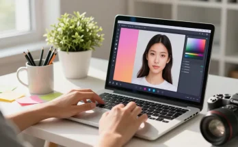 Bild eines Nutzers, der Gesichtstausch-Technologie auf einem Laptop ausprobiert, lebendige grafische Benutzeroberfläche sichtbar.