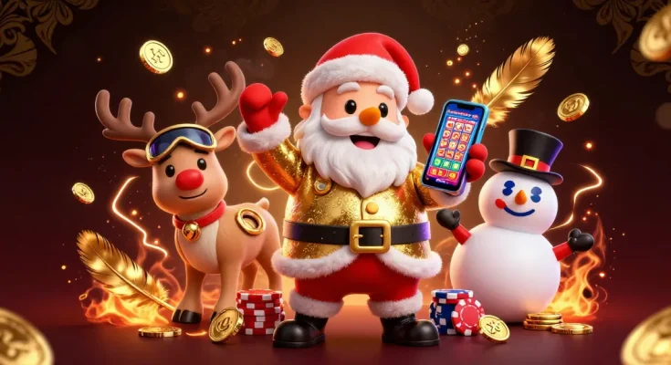HitClub's Santa Claus celebrates jackpot wins in a vibrant casino scene with festive characters and rich atmosphere.
