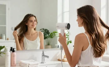Der Laifen Föhn in einem eleganten Badezimmer, während eine Frau ihre Haare stylt und dabei ein zufriedenes Lächeln zeigt.