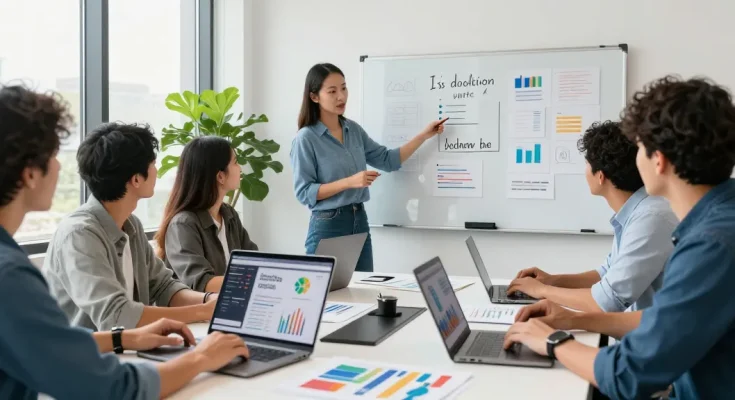 Dynamic workspace at signo-media featuring a creative team collaborating on digital marketing strategies.