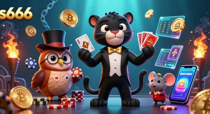 Engage with S666 as the stylish panther deals cards surrounded by crypto elements.