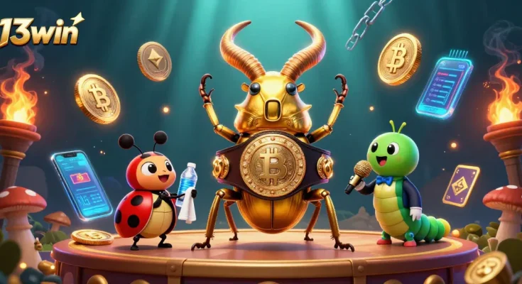 Experience thrilling wins at 13win's casino with dazzling golden beetles and crypto elements.