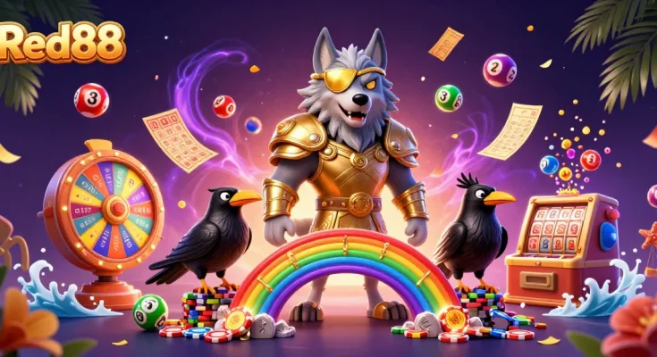 Immerse in thrilling action at Red88 with vibrant gaming elements and Norse mythology characters.