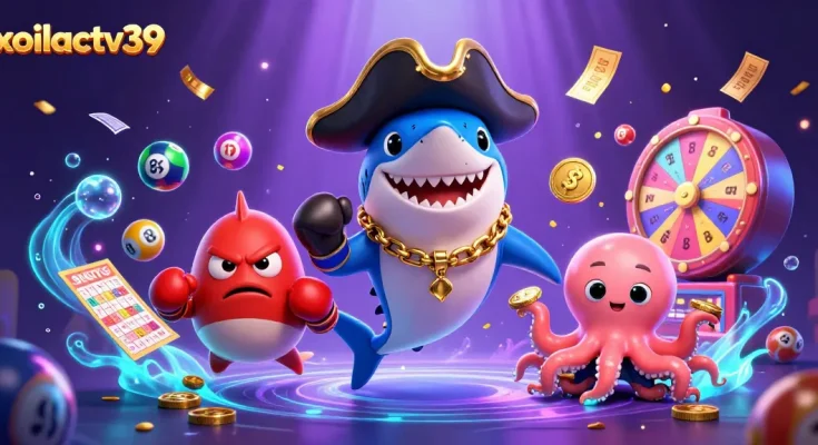 xoilactv39 engages players with a vibrant scene of a pirate shark, pufferfish, and octopus in a lottery-themed underwater adventure.